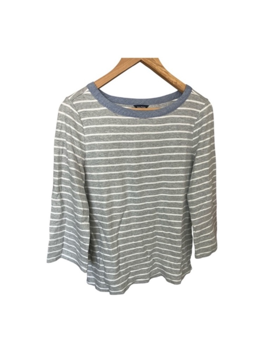 Nautica Striped Gray & White Boatneck Cotton Top size L